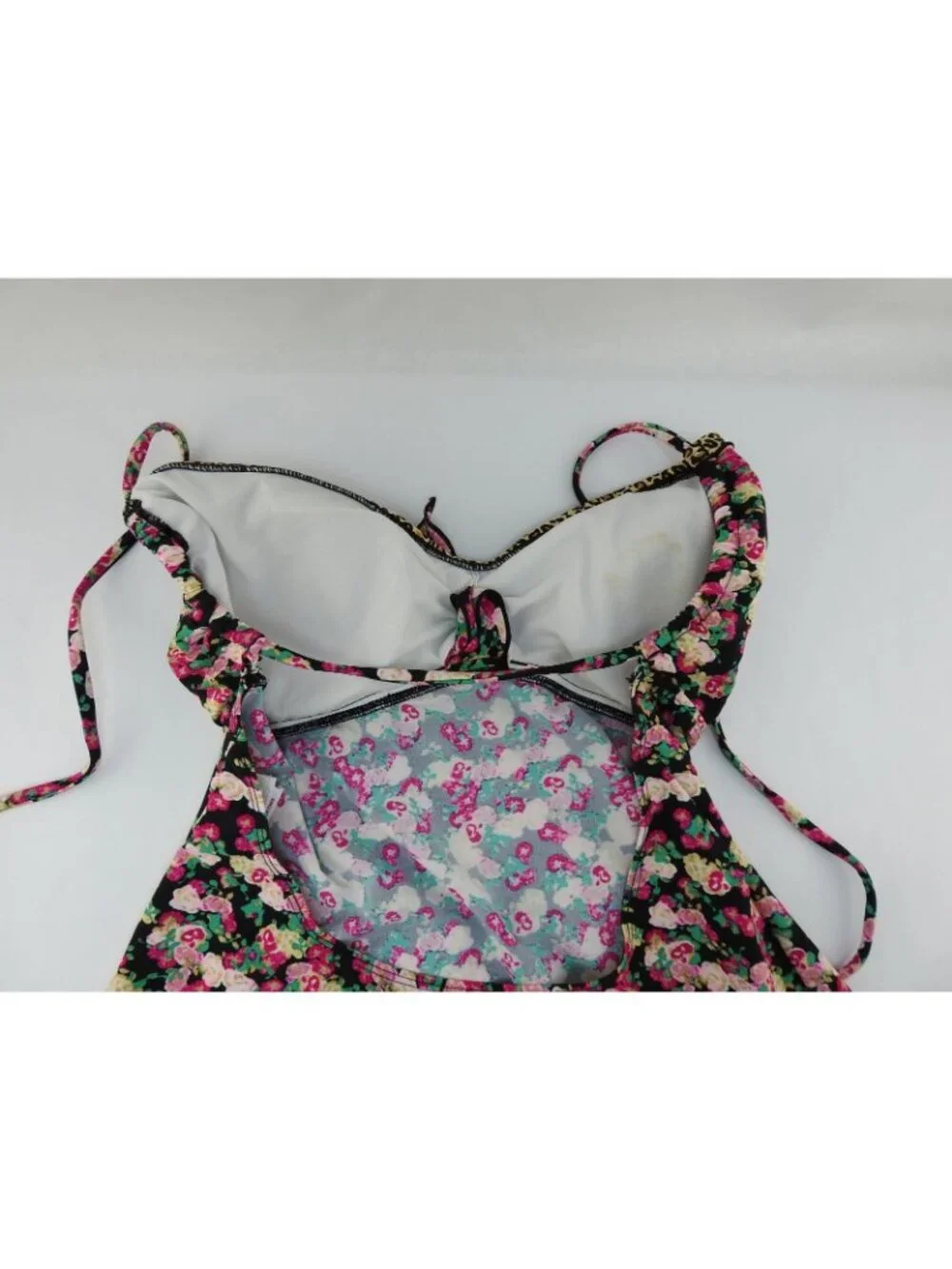 Vintage Candies Floral Leopard Trim Tankini Top XL Black Pink Halter Swim Y2K - Picture 7 of 9